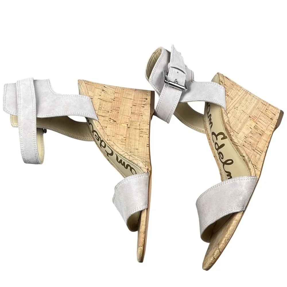 Sam Edelman Women Light Gray Suede Cork Wedge Sandals Size 6.5 Ankle Strap Shoes